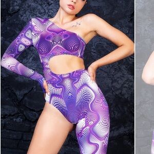 Asymmetric Purple Patterned One-Shoulder Jumpsuit